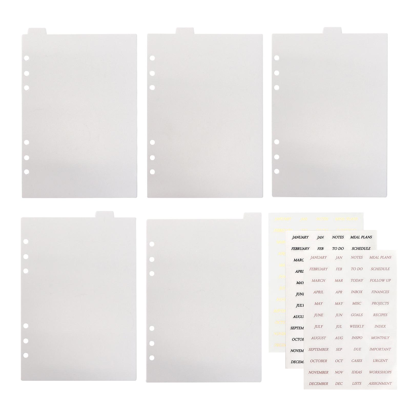 흰색 A5 투명 바인더 인덱스 분배기 및 브론 징 월 계획 라벨 스티커 6 홀 상단 5 귀 분배기 (5 + 3) Pcs/Pack